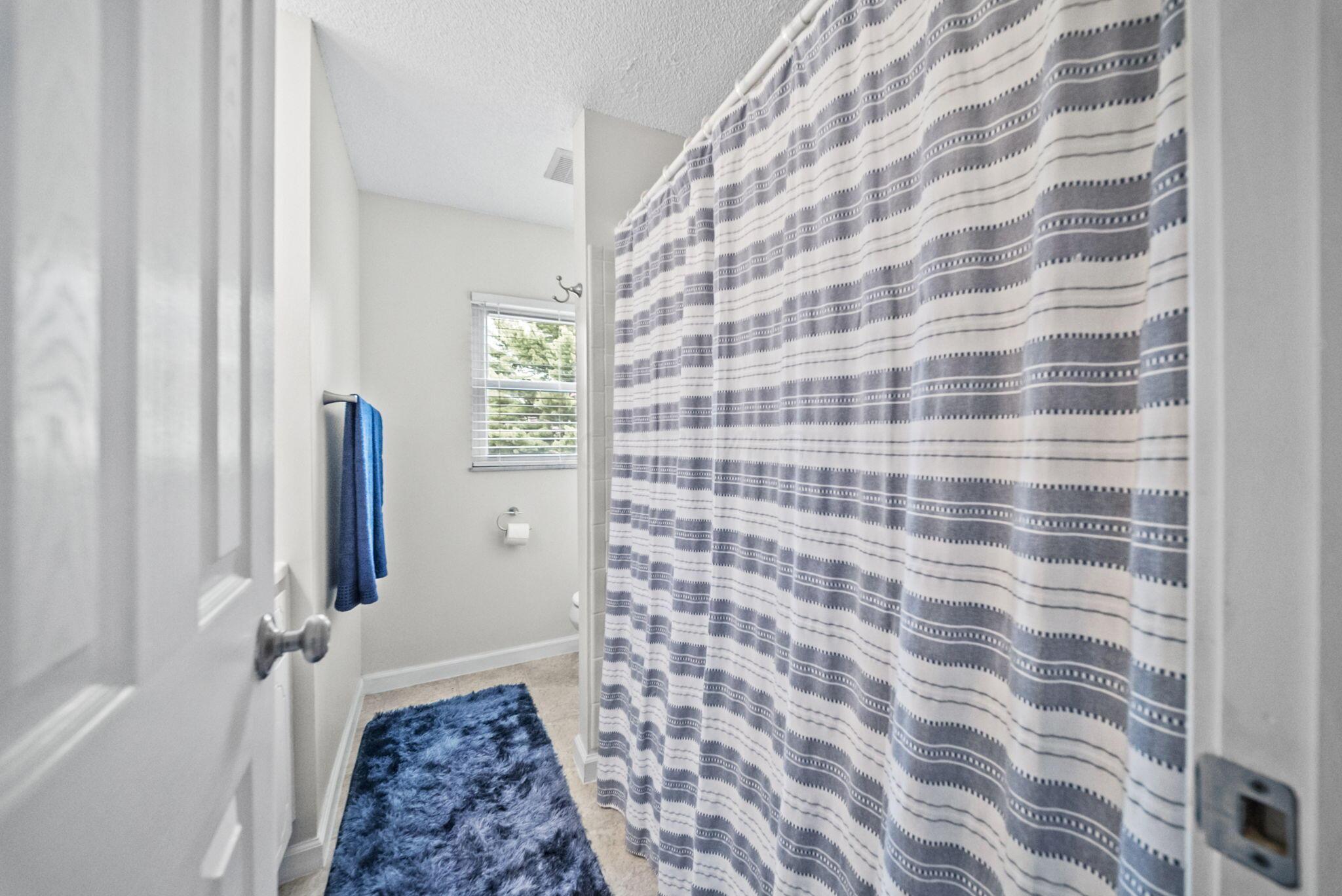 Bathroom with a gray-and-white striped shower curtain and blue bath mat.