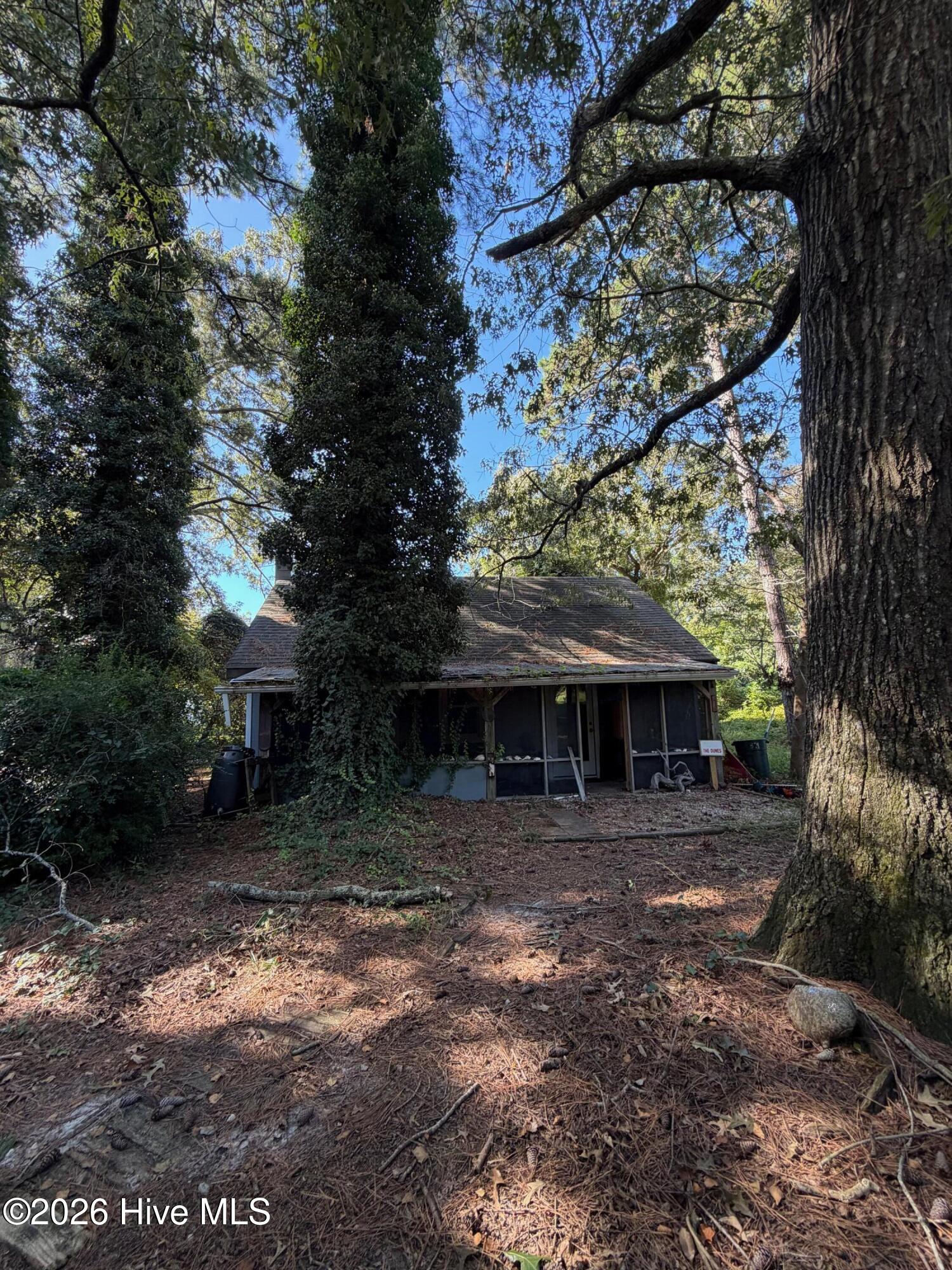 House with a screened porch, partly hidden by mature trees and ivy.