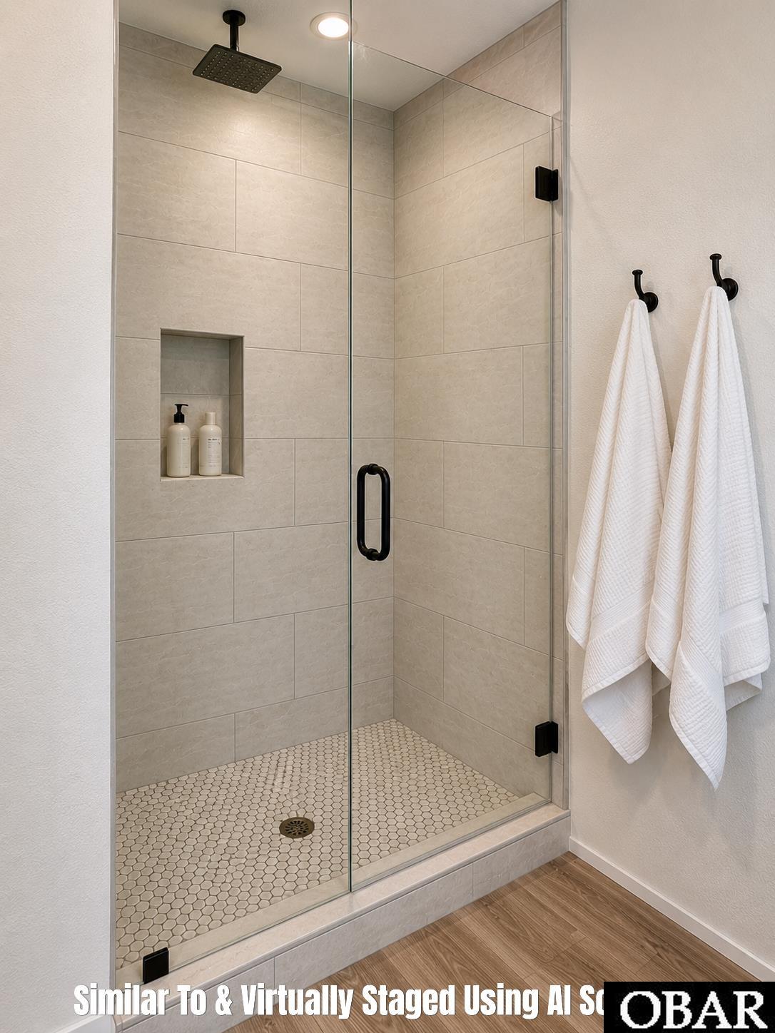 Walk-in shower with beige tile, glass enclosure, black fixtures, and hexagonal mosaic flooring.