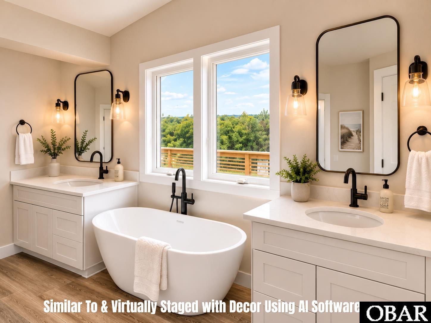 Bathroom with freestanding tub, double vanities, black fixtures, and windows overlooking trees.