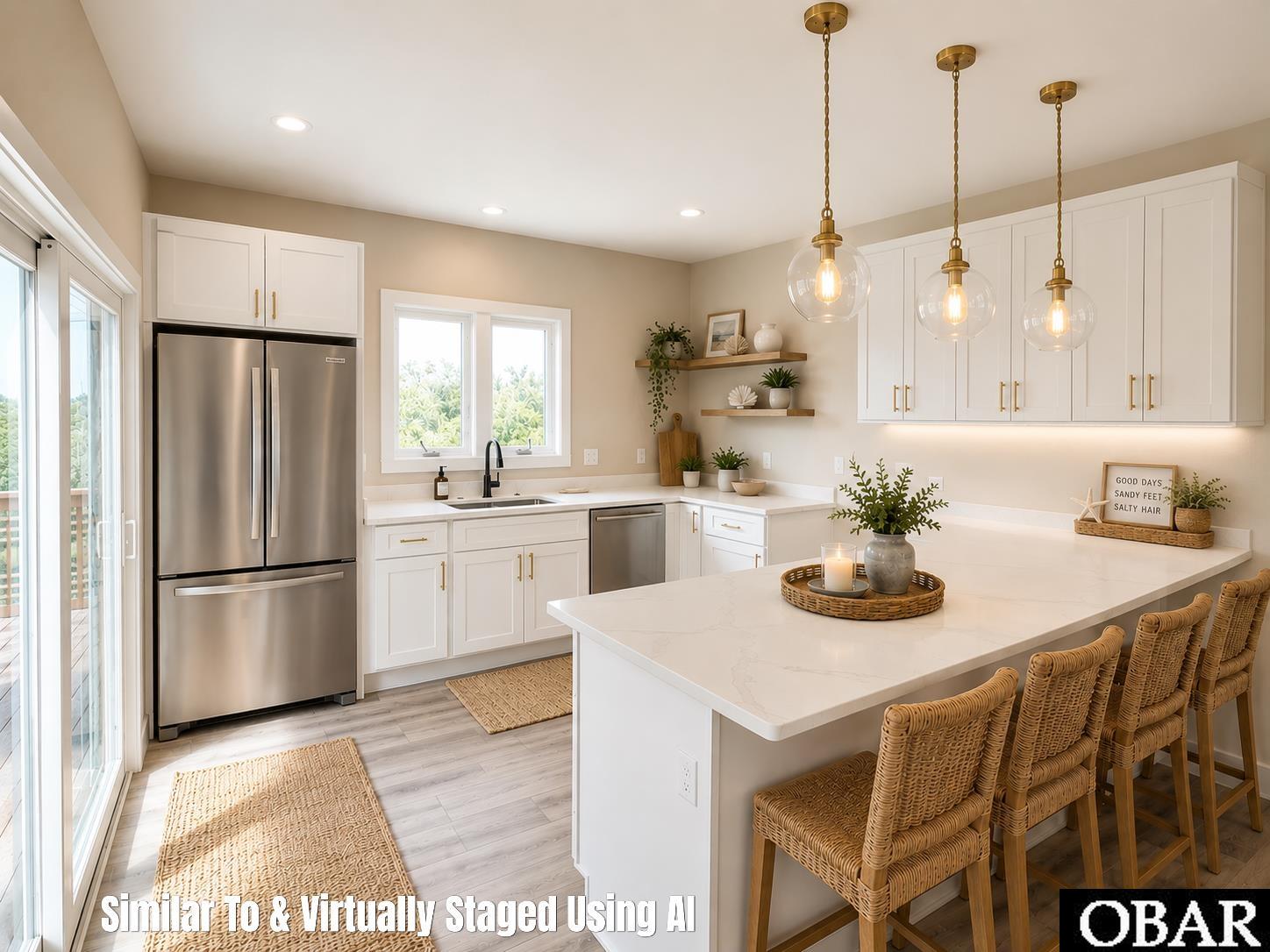Kitchen with a large white island, woven bar stools, stainless appliances, and glass pendant lights.