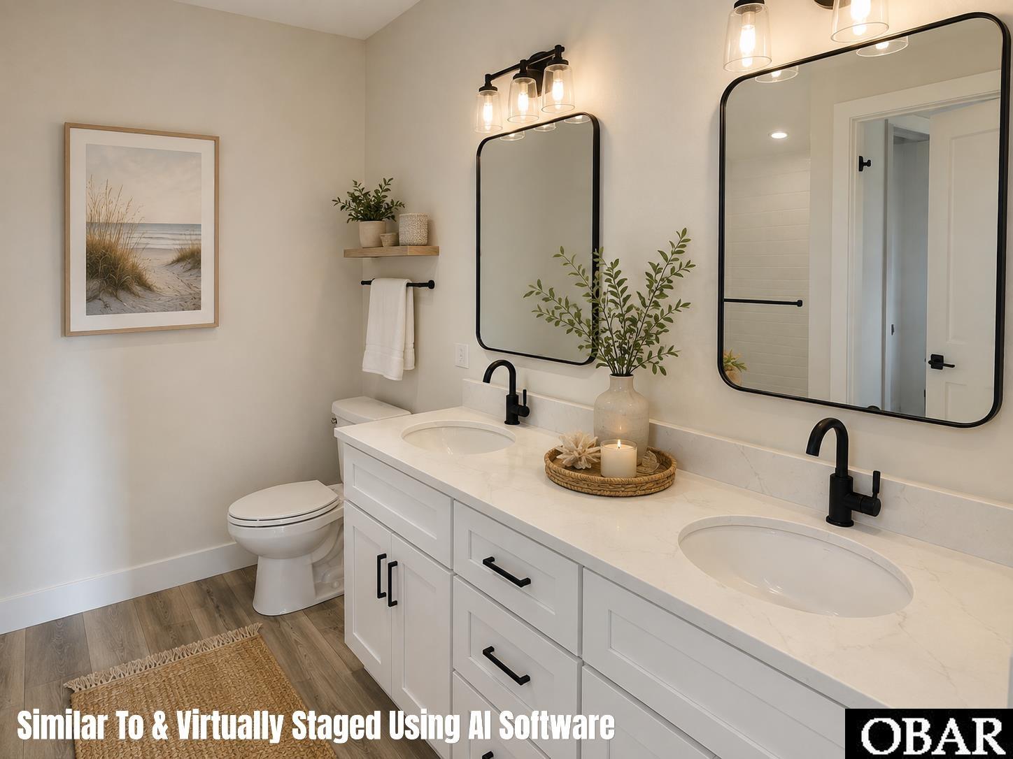 Bathroom with a white double-sink vanity, black fixtures, two arched mirrors, and a toilet.