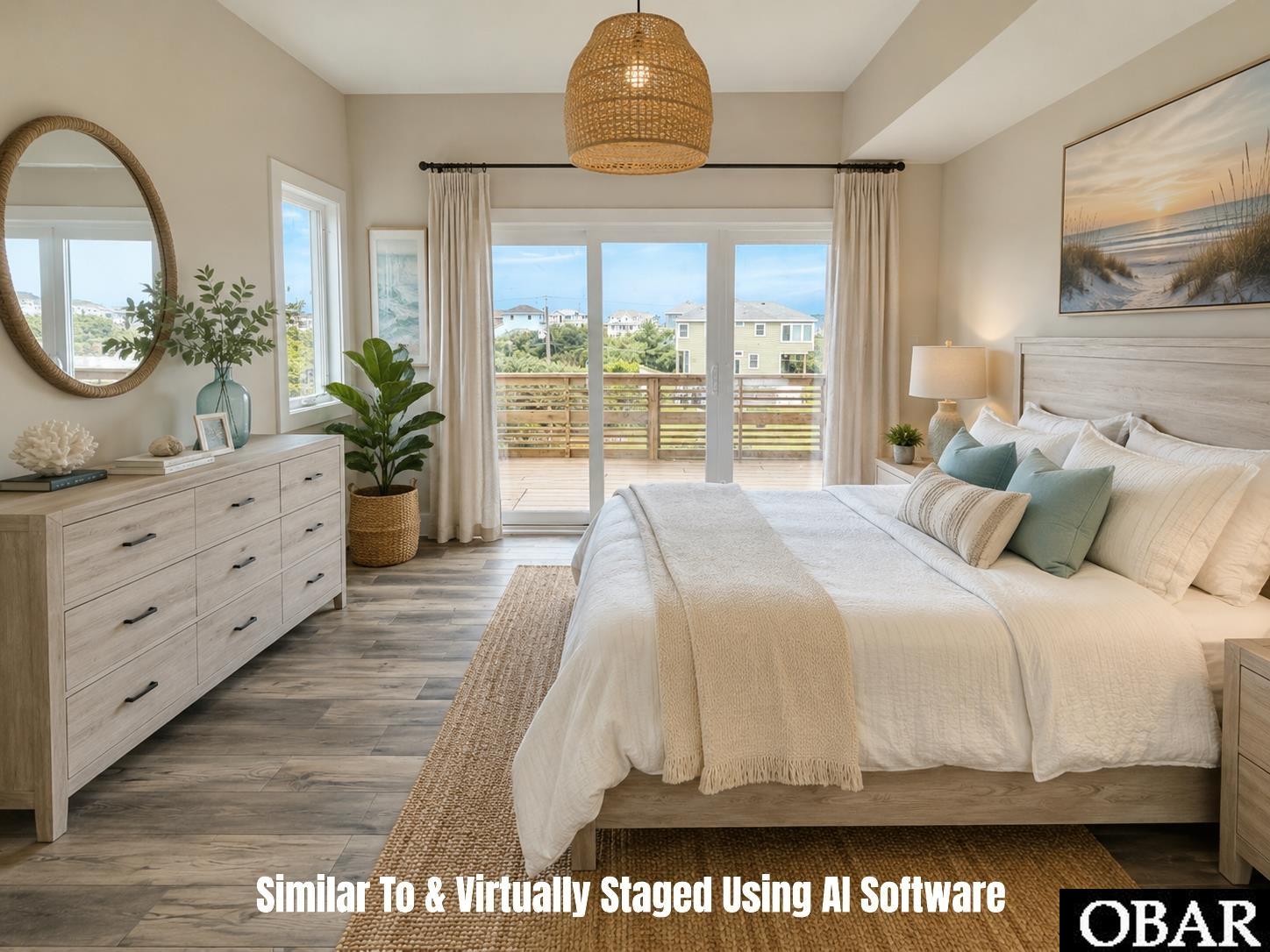 Virtually staged coastal bedroom with a white bed, woven pendant light, and sliding doors to a deck.
