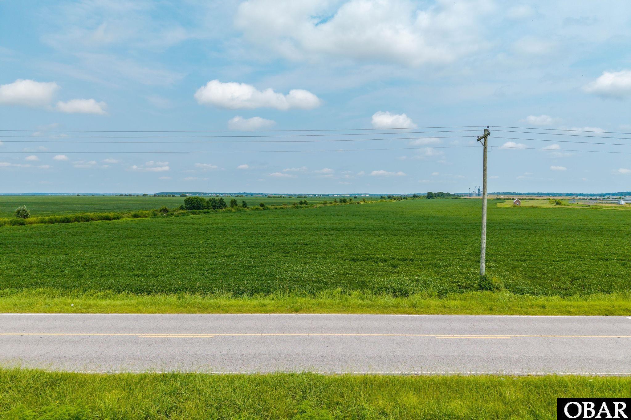 Open green land across a paved road, with a utility pole and distant farm buildings.