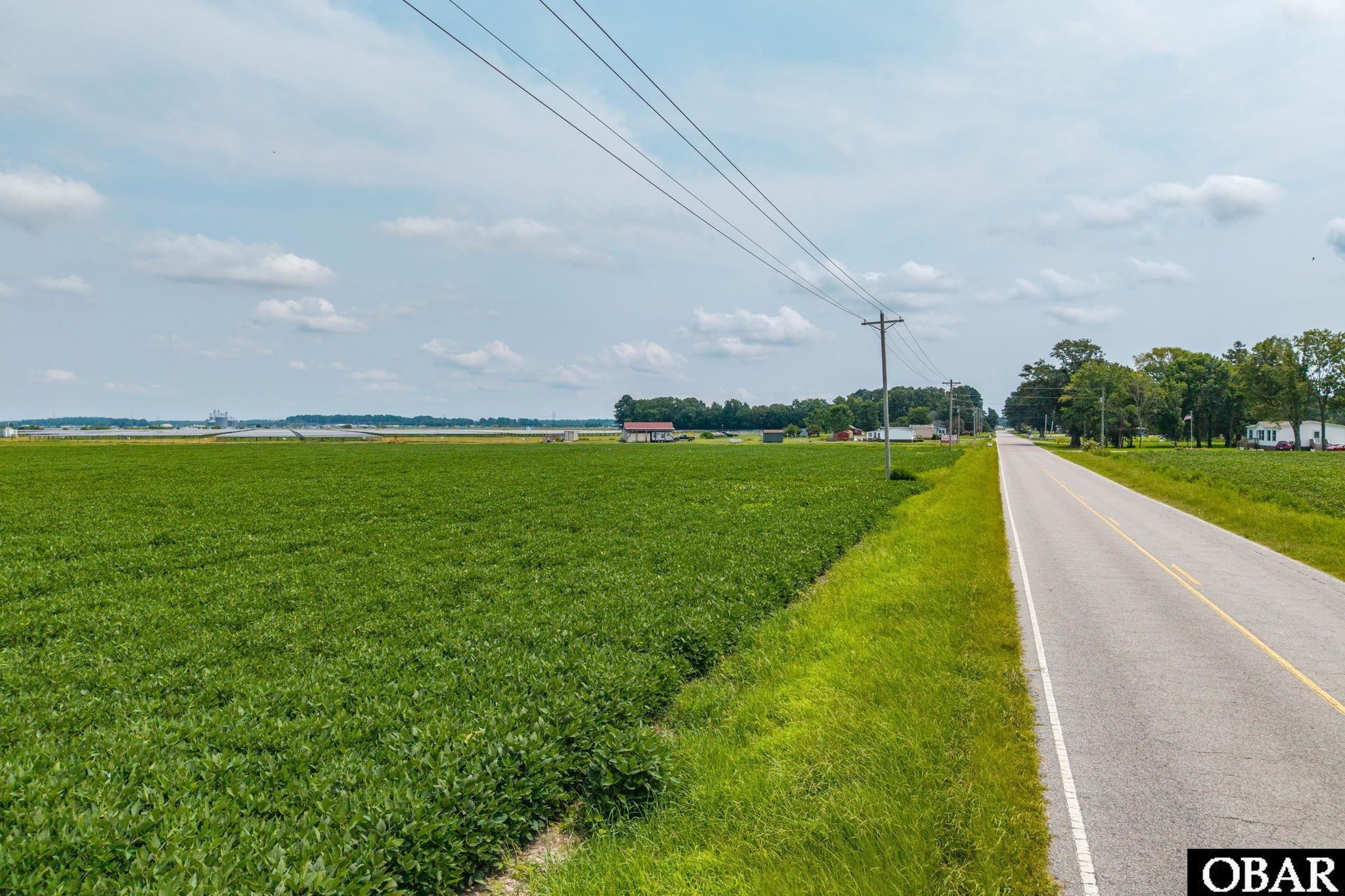 Rural land with a green field beside a two-lane road and overhead utility lines.