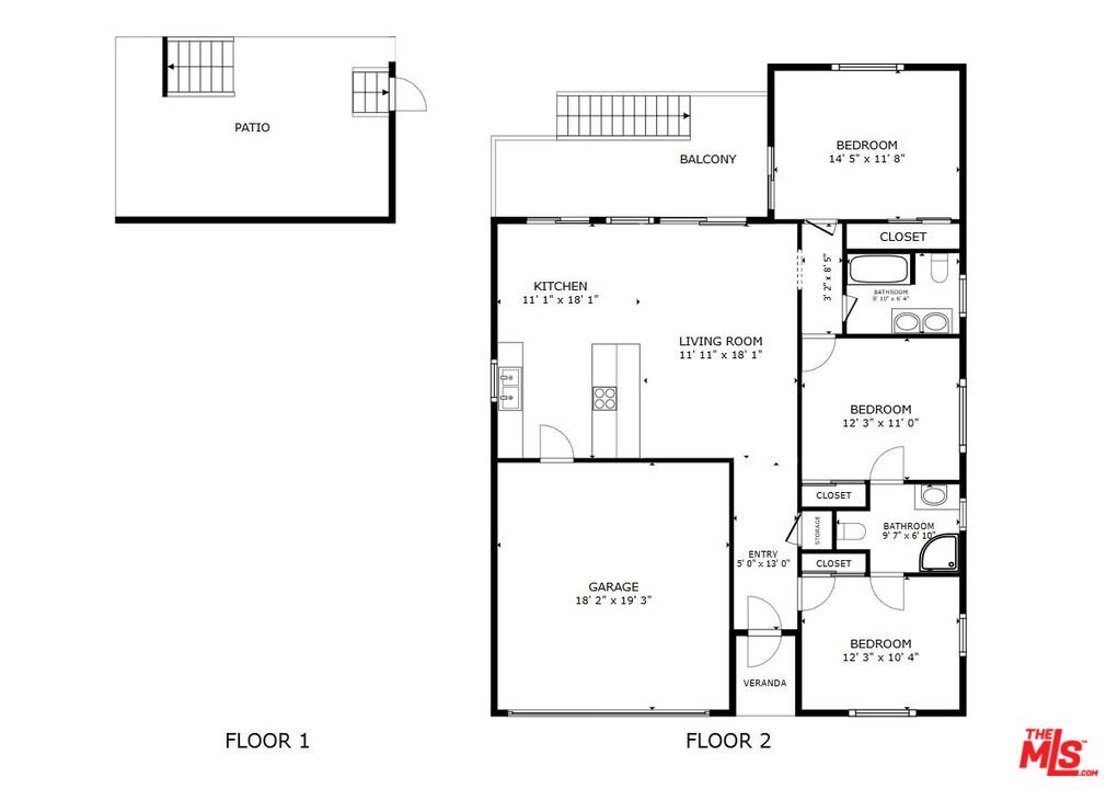 Two-level floor plan with three bedrooms, two bathrooms, a garage, patio, balcony, and veranda.