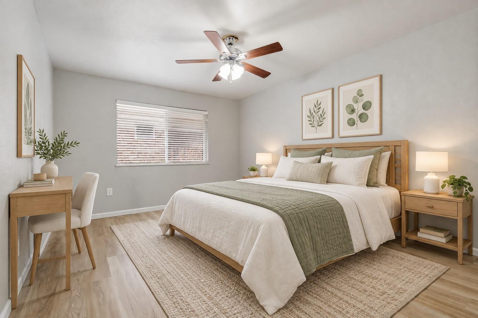 Staged bedroom with a king-size bed, sage quilt, light wood furniture, and botanical wall art.