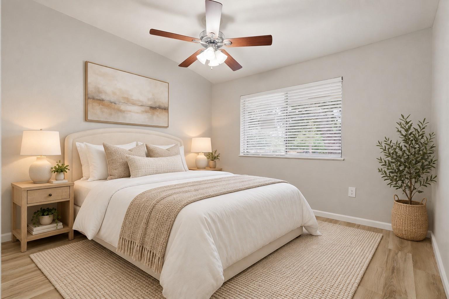 Staged bedroom with a white bed, woven rug, ceiling fan, and potted tree.