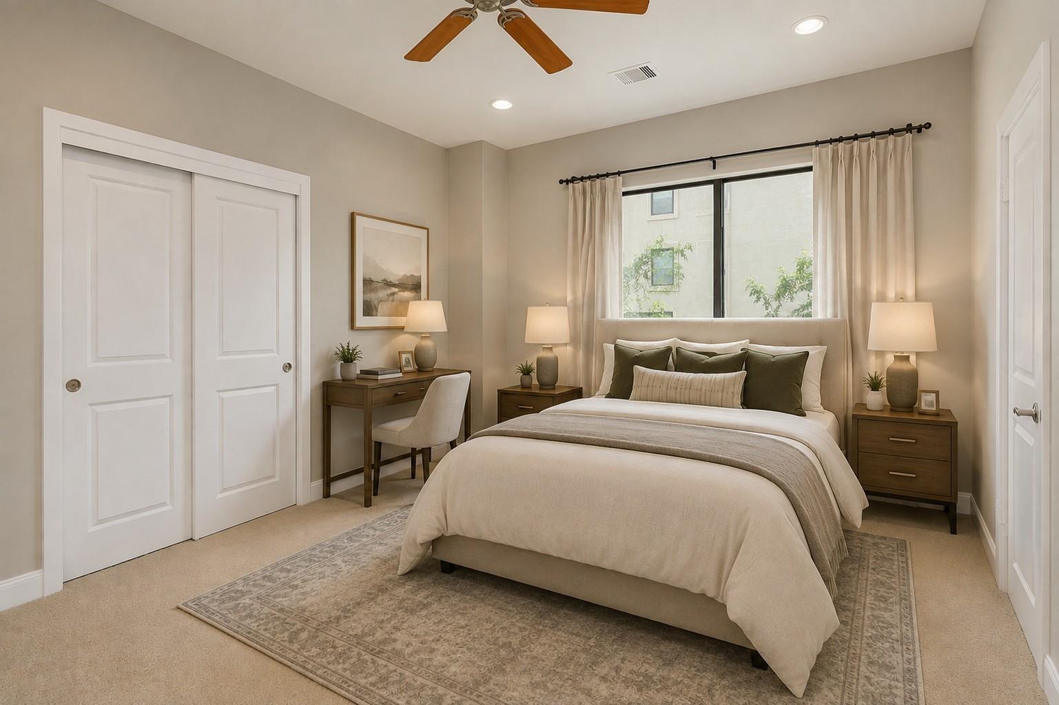 Staged bedroom with an upholstered bed, patterned rug, desk, and curtained window.