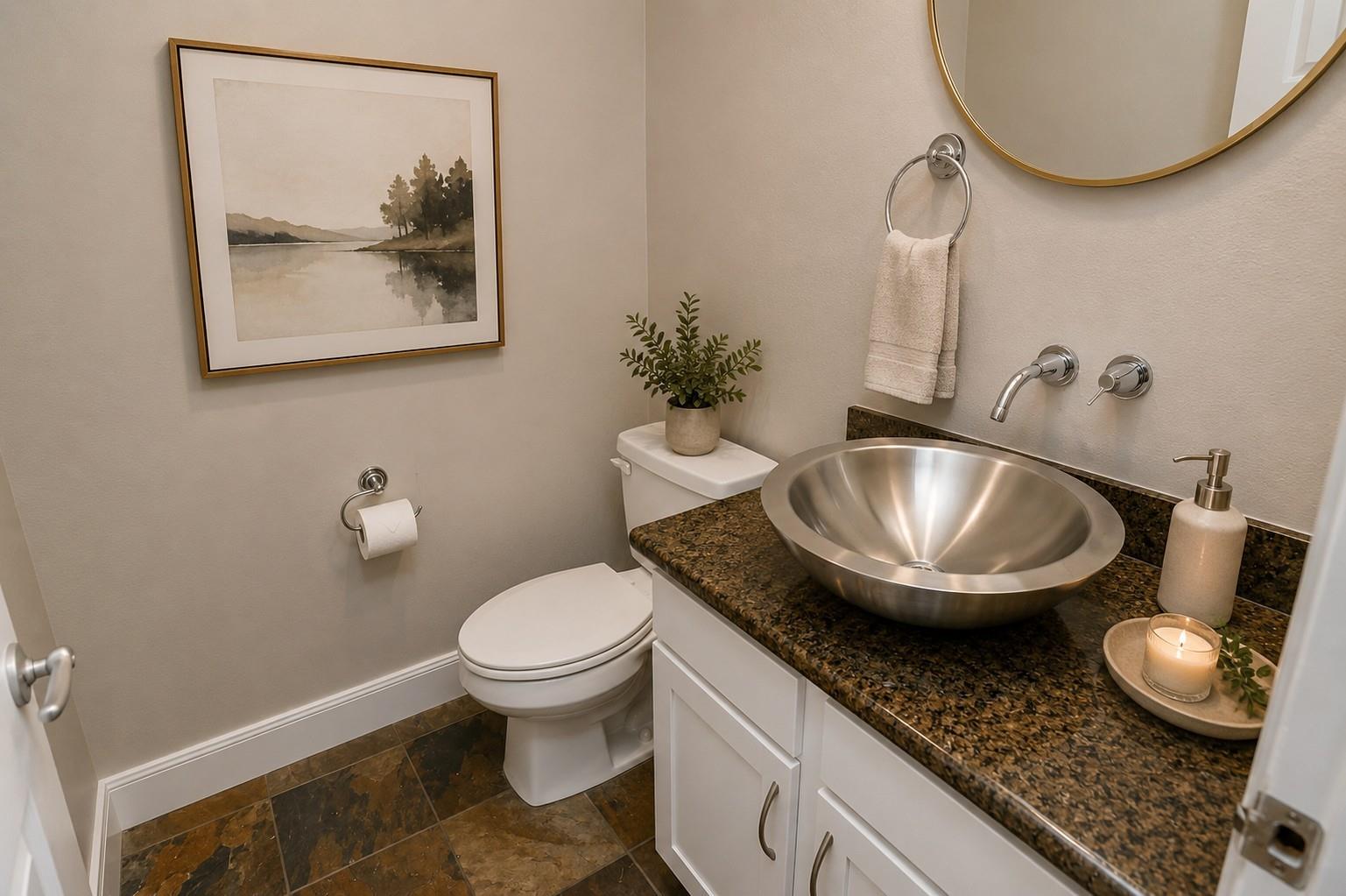 Bathroom with a stainless steel vessel sink, dark granite counter, and framed landscape artwork.