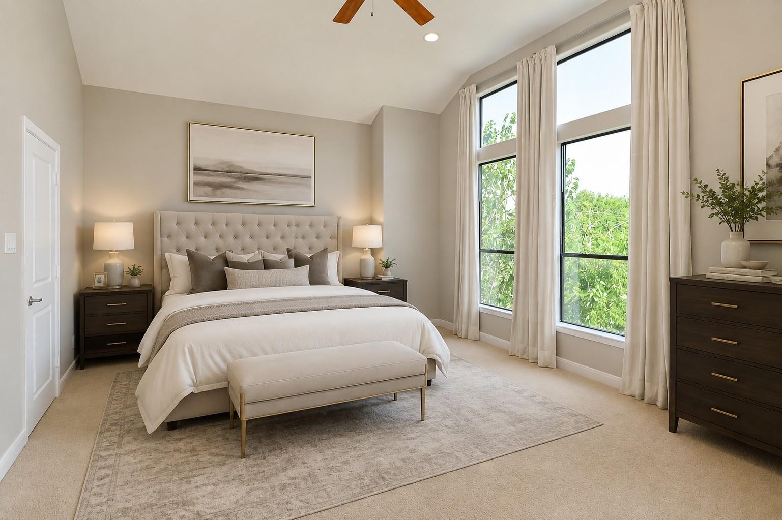 Bright bedroom with a tufted king-size bed and tall windows overlooking leafy greenery.