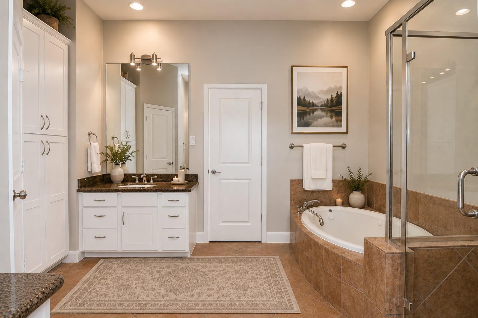 Primary bathroom with a white vanity, corner soaking tub, and glass-enclosed shower.