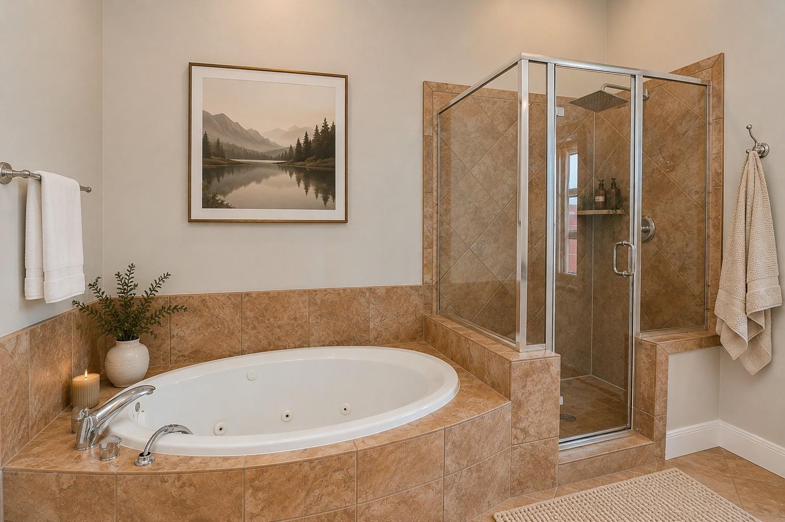 Bathroom with a built-in jetted tub and glass-enclosed shower, finished in tan patterned tile.