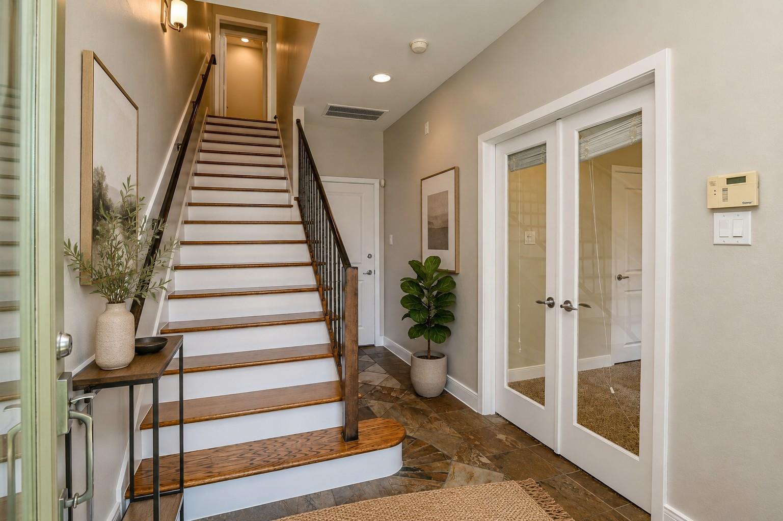 Entry hall with a wood-trimmed staircase, patterned tile floor, and mirrored double doors.