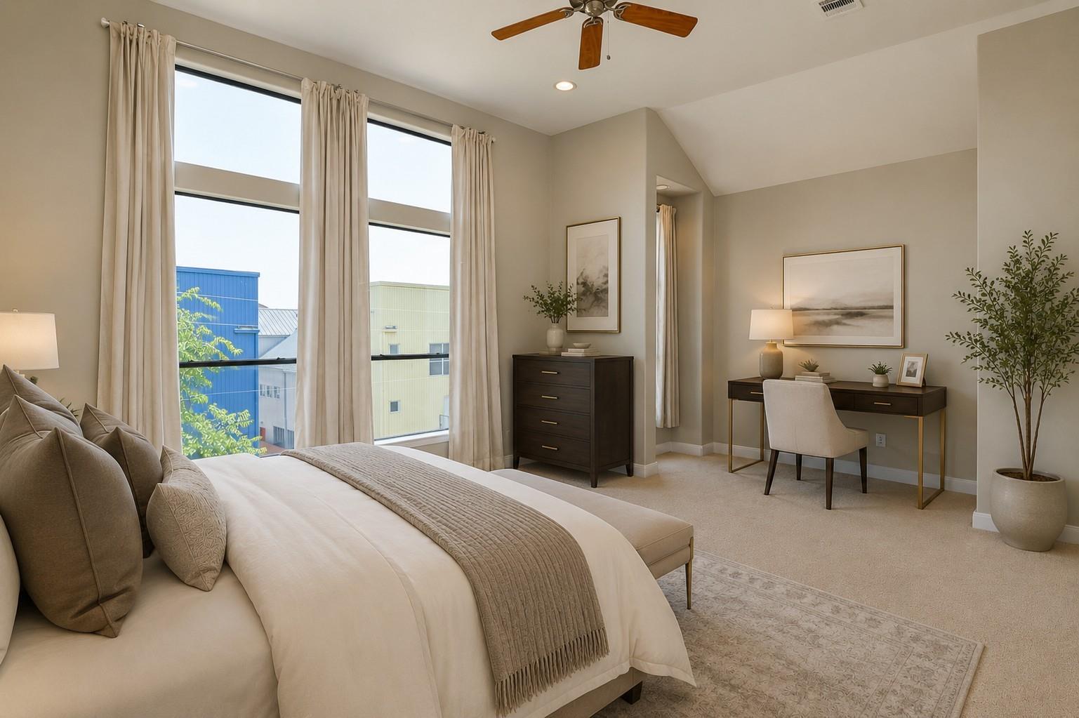 Furnished bedroom with a large bed, tall curtained windows, and a desk by the wall.