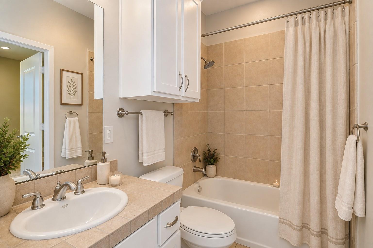 Bathroom with a tiled vanity, white cabinetry, and a bathtub with tan tile surround.