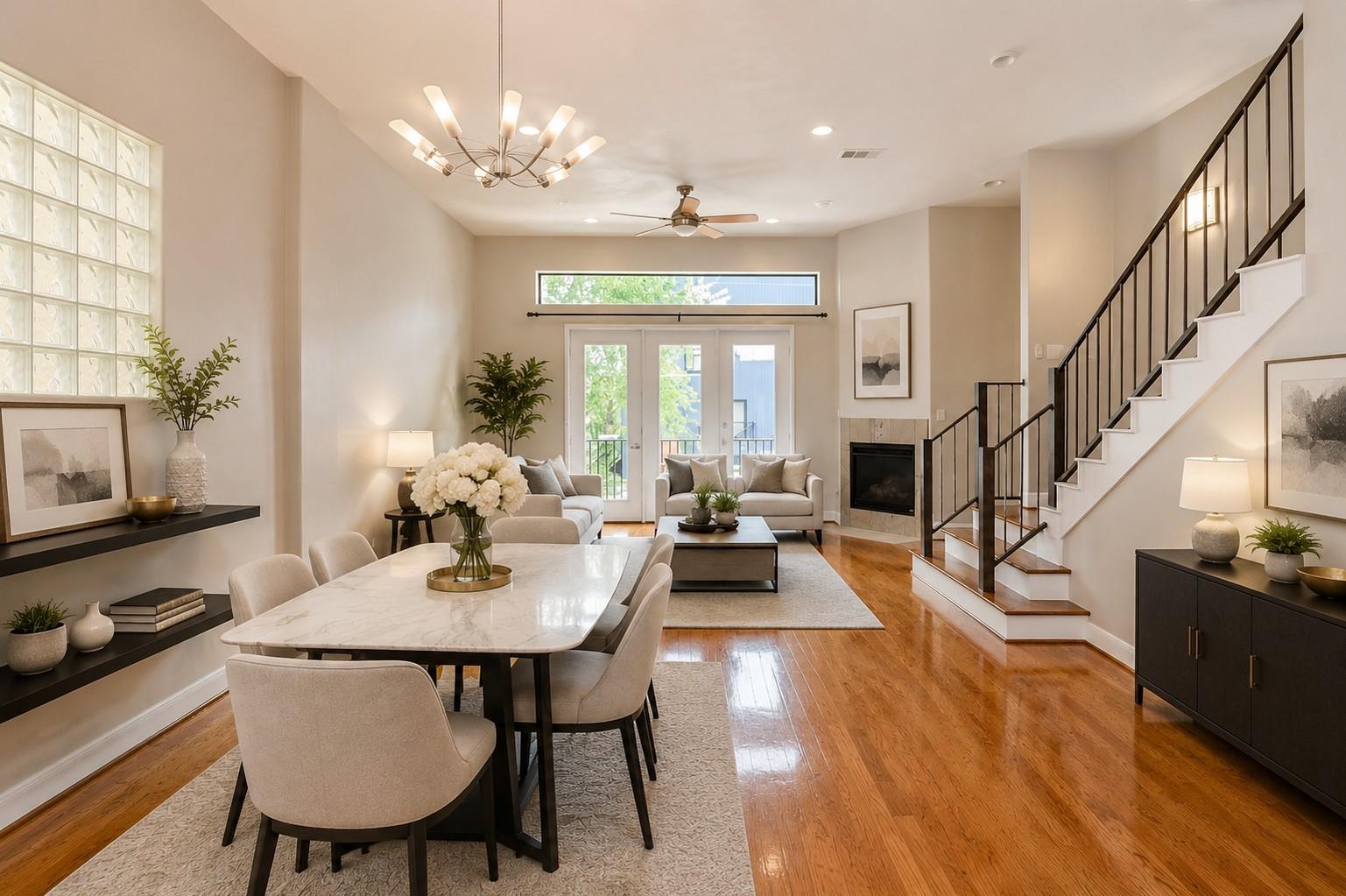 Open-plan living and dining room with hardwood floors, a fireplace, and a staircase with dark railings.