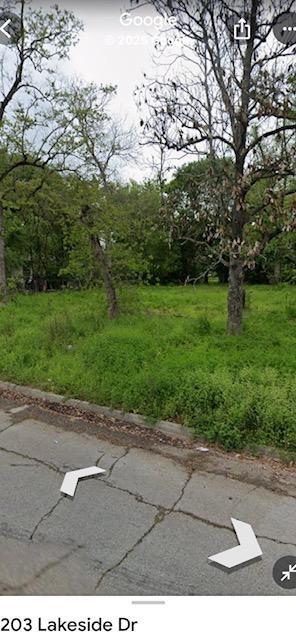 Grassy, tree-covered vacant lot beside a cracked street, shown with Google Street View navigation arrows.