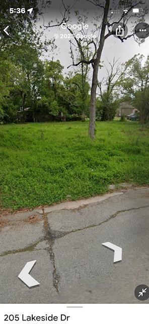 Grassy roadside lot with mature trees and a small neighboring house.
