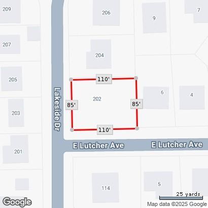 Map marking the 202 Lakeside Drive parcel, outlined in red with 110-by-85-foot dimensions.