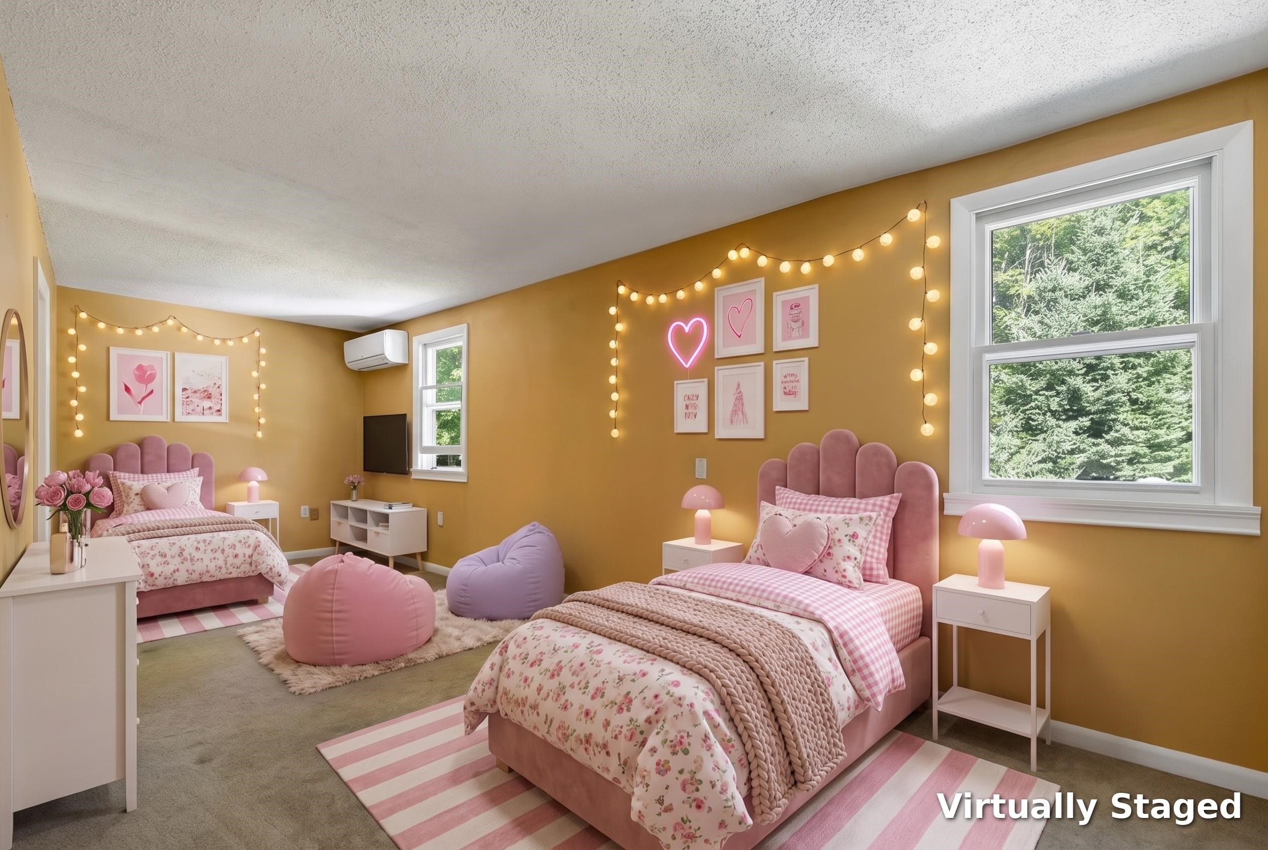 Virtually staged bedroom with two pink beds, playful decor, and a large window overlooking trees.
