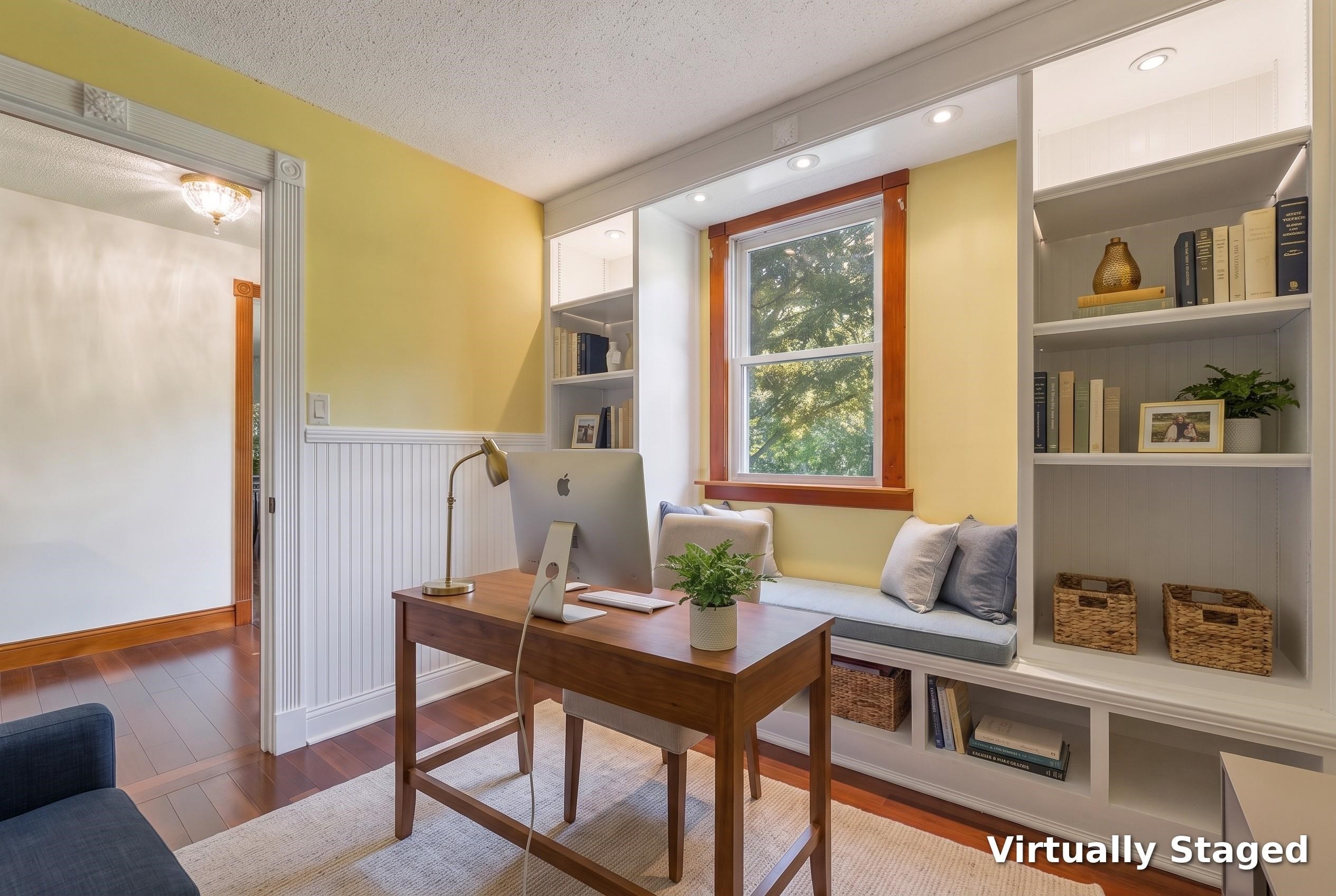Virtually staged home office with a wooden desk, built-in bookshelves, and a cushioned window seat.