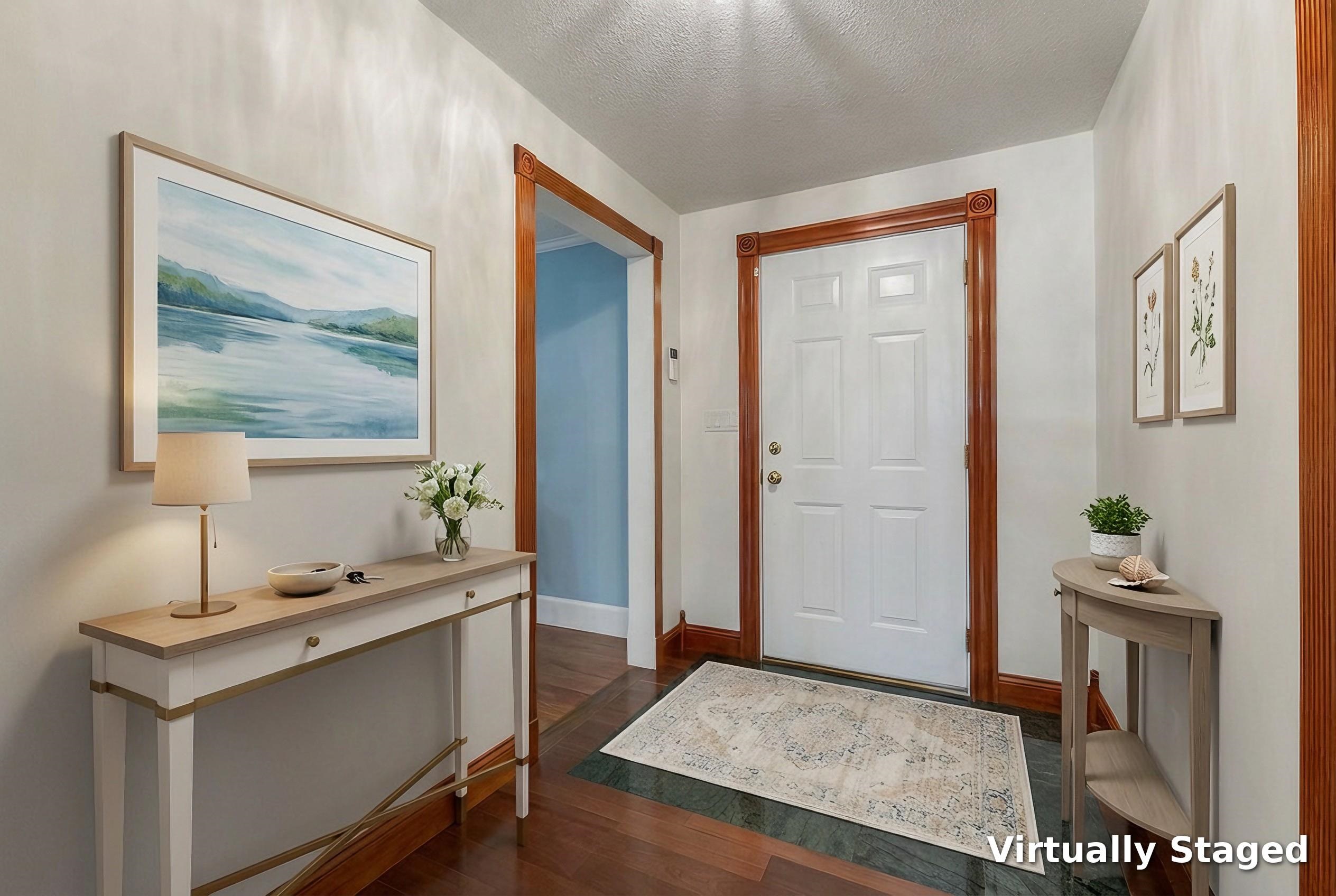 Virtually staged entryway with a white front door, warm wood trim, hardwood floors, and console tables.