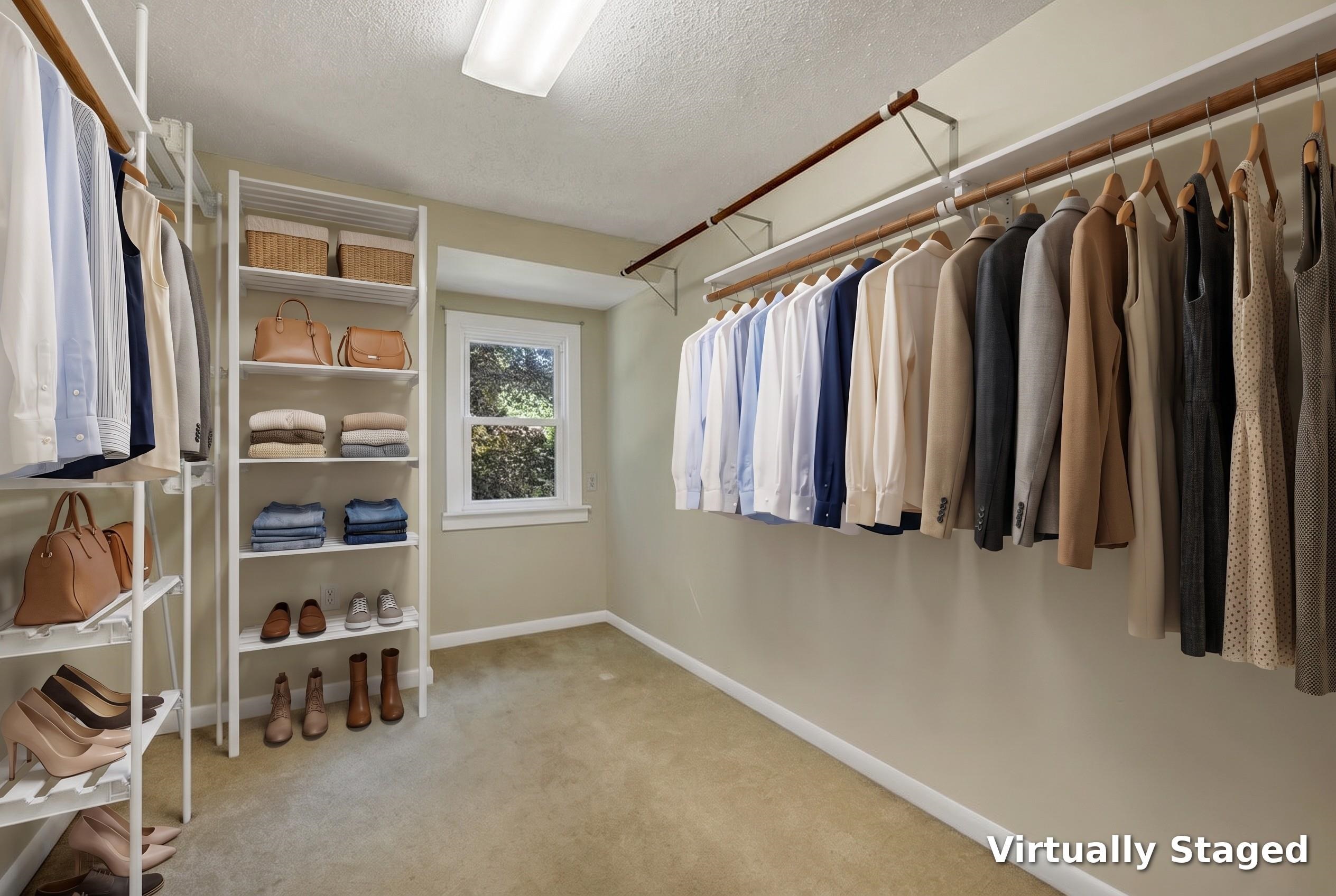 Walk-in closet with hanging clothes, organized shelving, and a window overlooking trees.