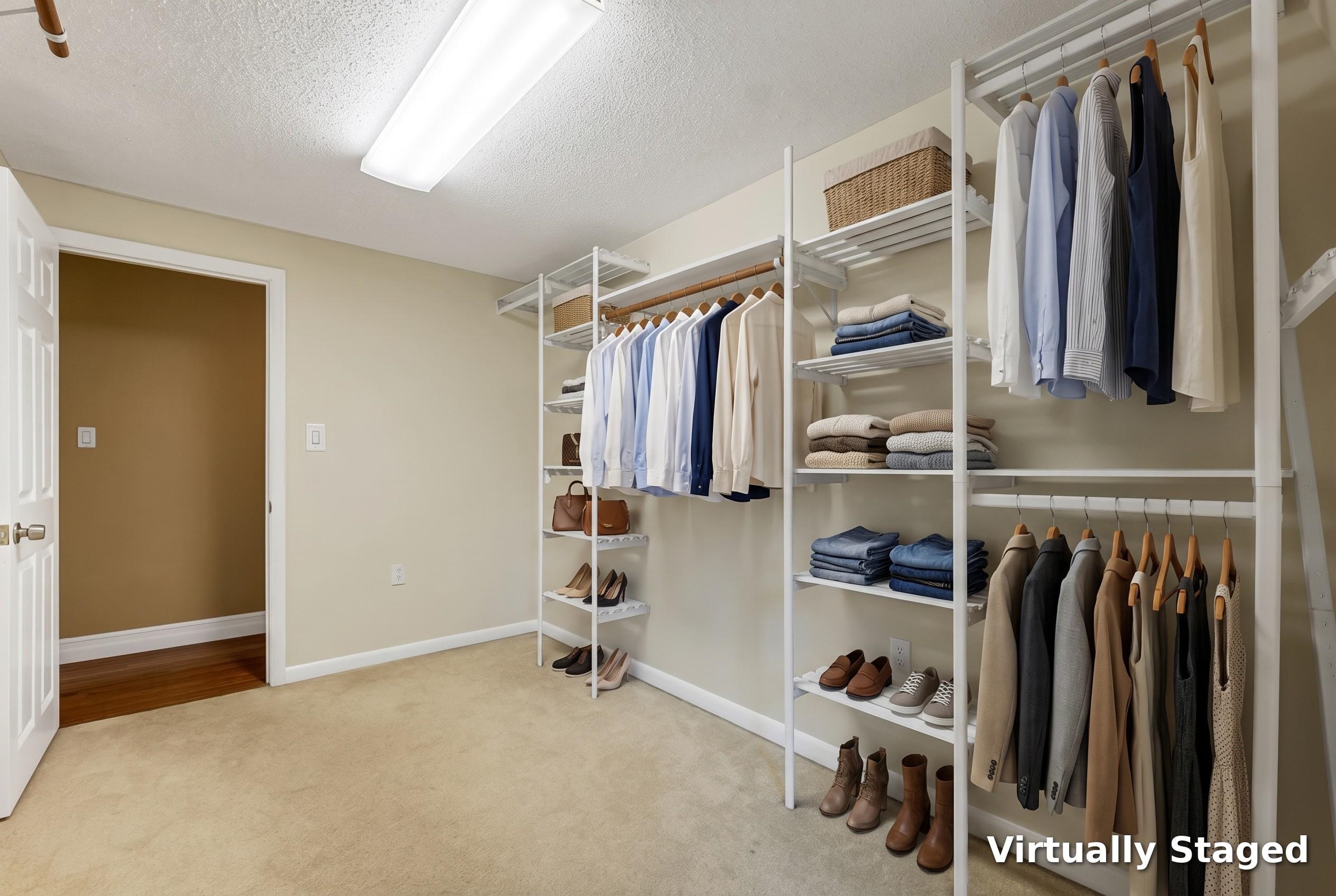 Walk-in closet with open shelving, neatly arranged clothing, shoes, and beige carpet.