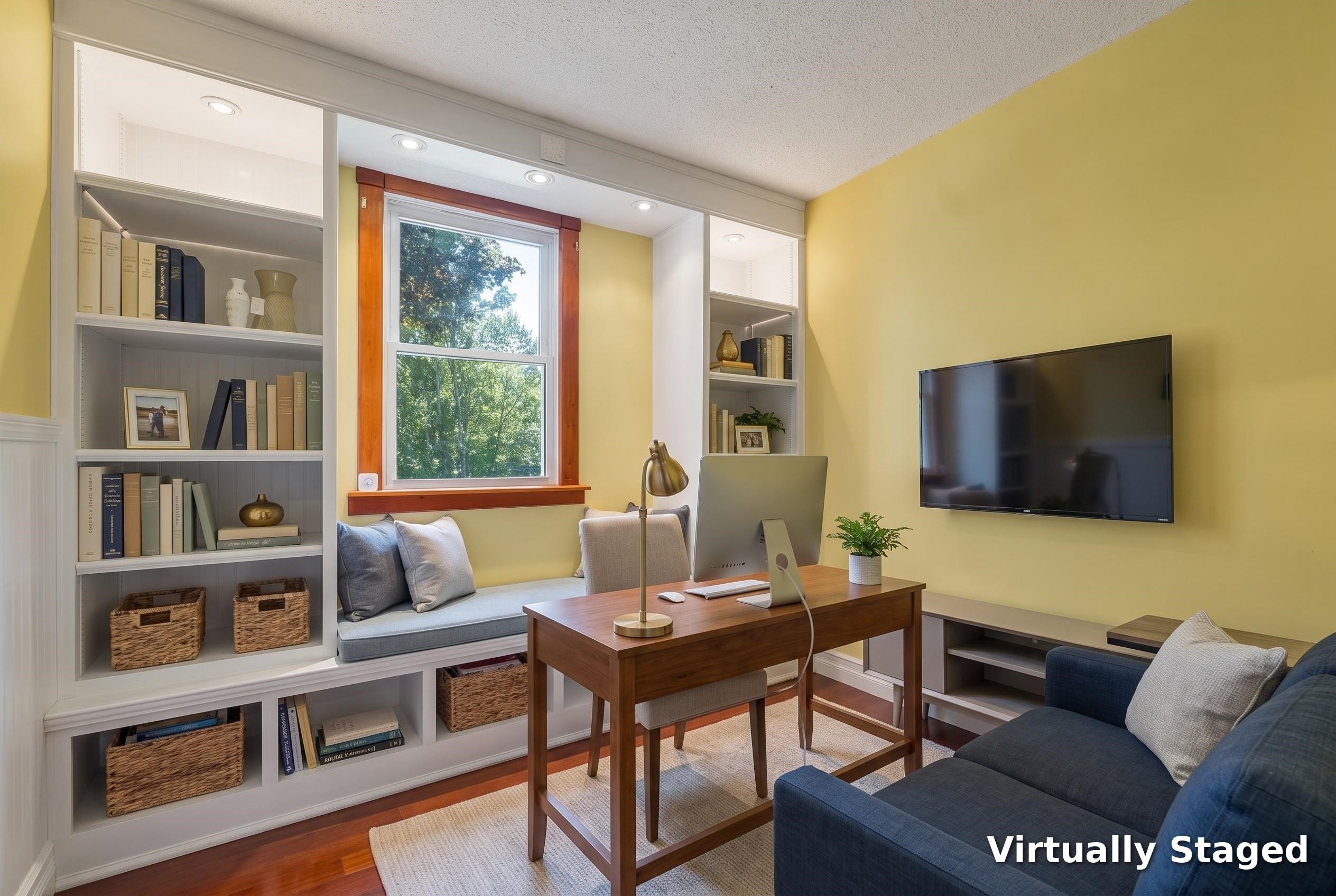 Home office with built-in bookcases, a desk, window seat, and wall-mounted television; virtually staged.