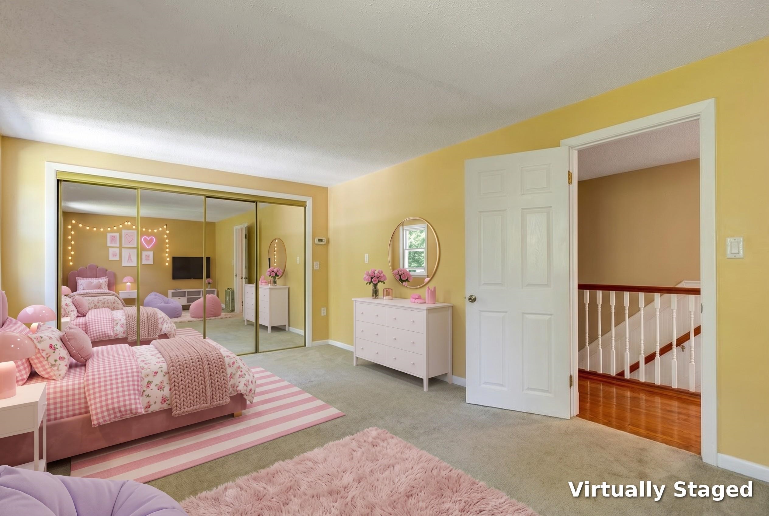 Virtually staged bedroom with mirrored closet doors, yellow walls, and pink bedding and decor.