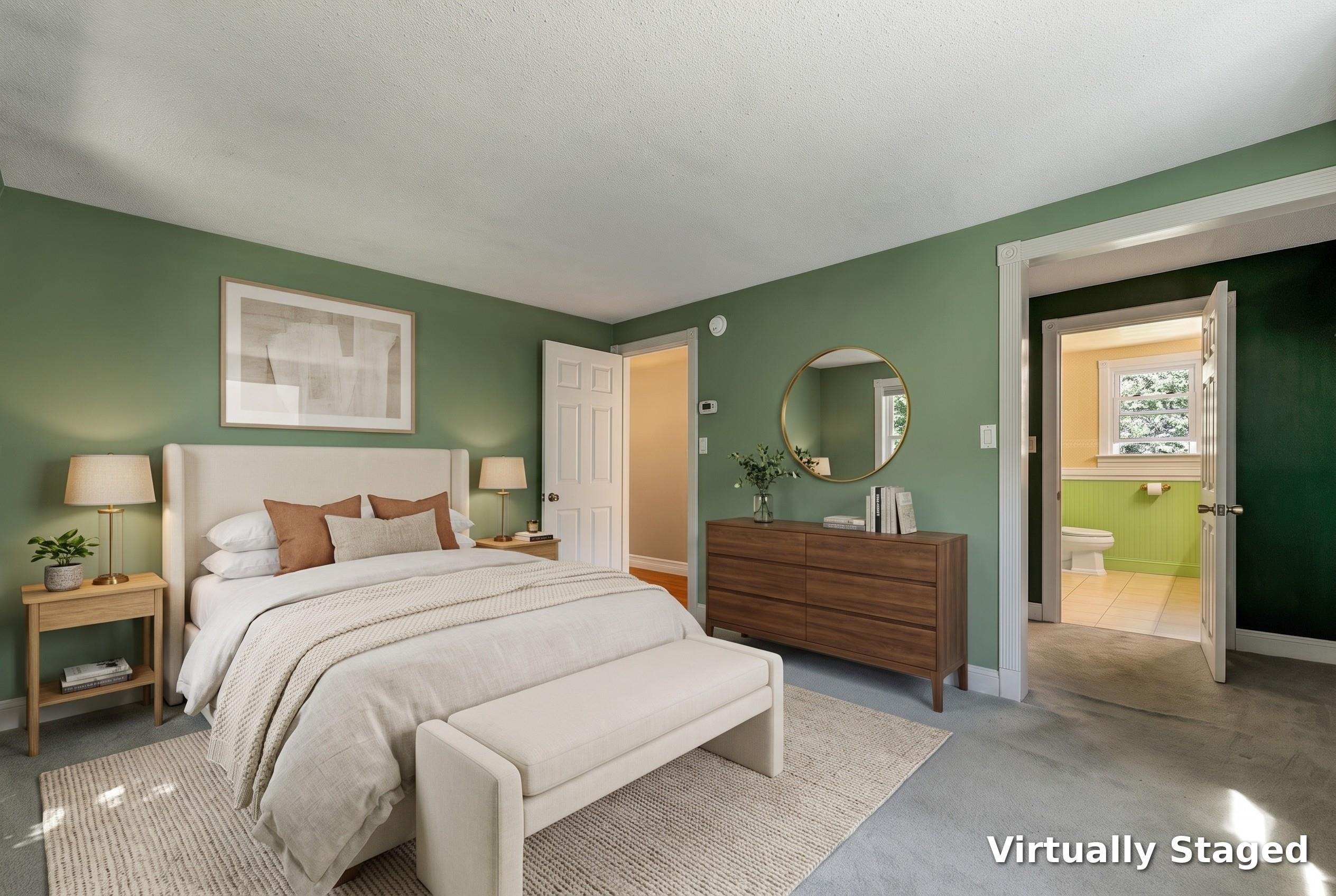 Virtually staged bedroom with a white bed and green walls, opening to a bathroom.