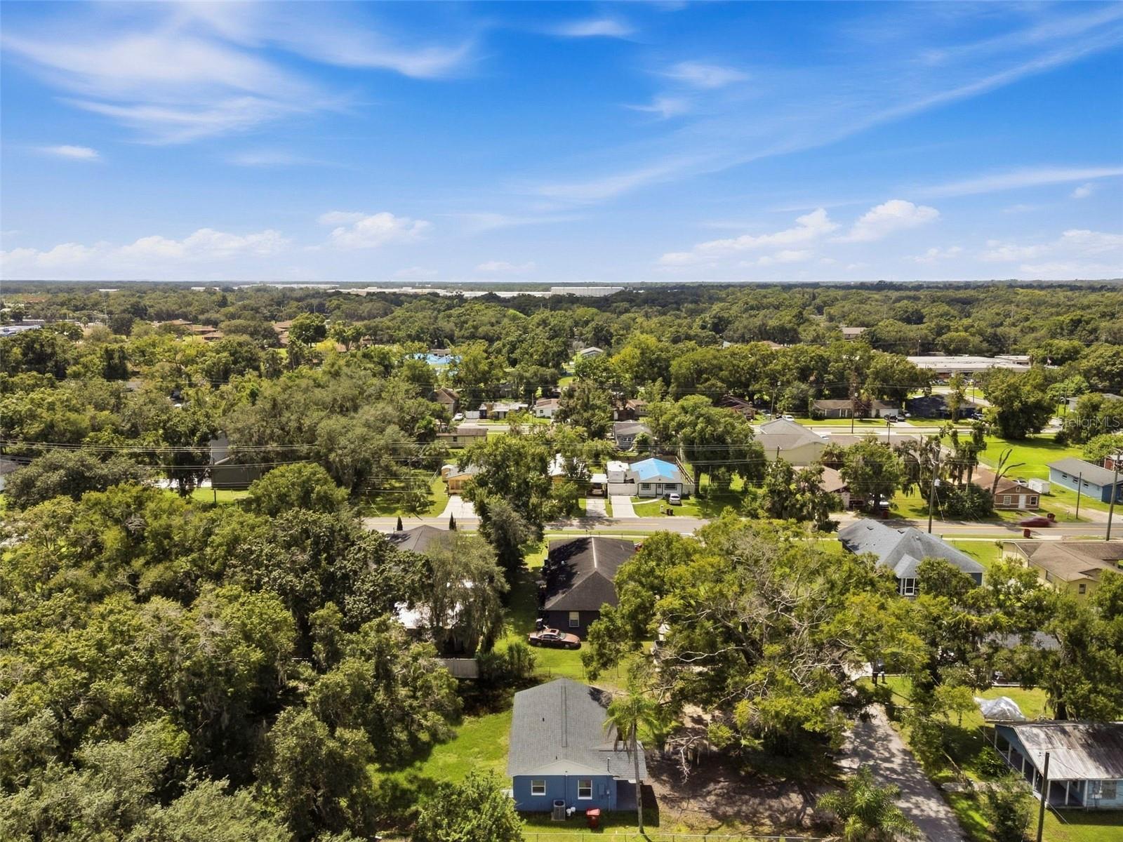 Aerial neighborhood view with a blue house among leafy homes and streets.