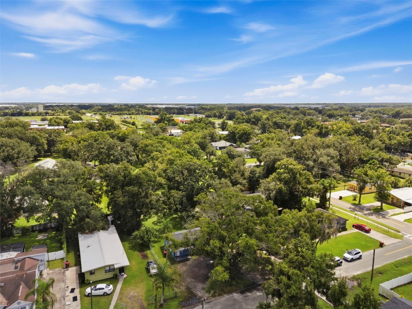 Aerial view of a leafy residential neighborhood with homes, yards, and streets.