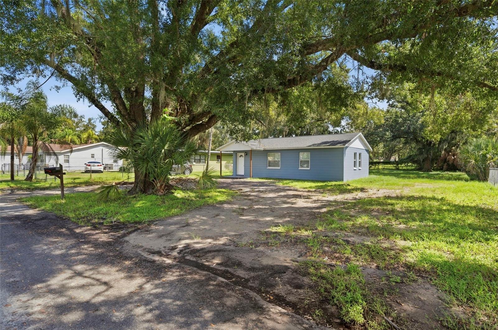 Blue single-story house beneath a large shade tree, with a grassy yard and driveway.