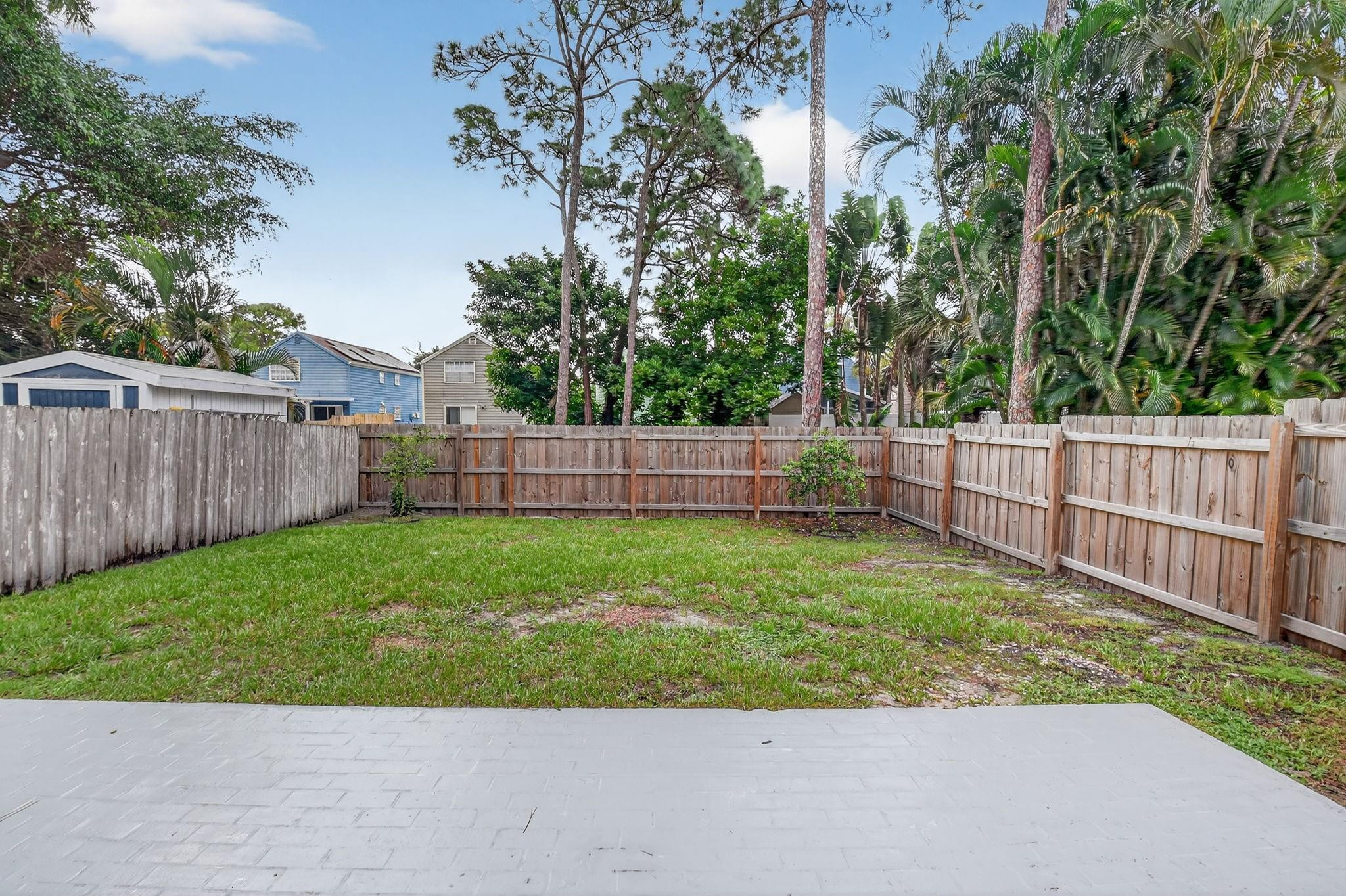 Fenced backyard with a grassy lawn, tropical trees, and a paved patio.