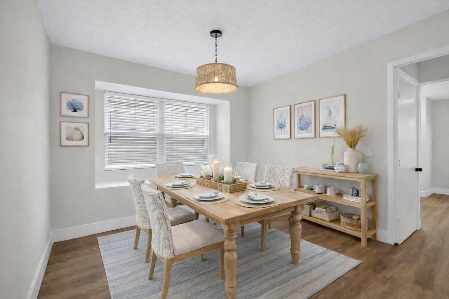Dining room with a set wooden table, woven chairs, and coastal artwork beside a wide window.