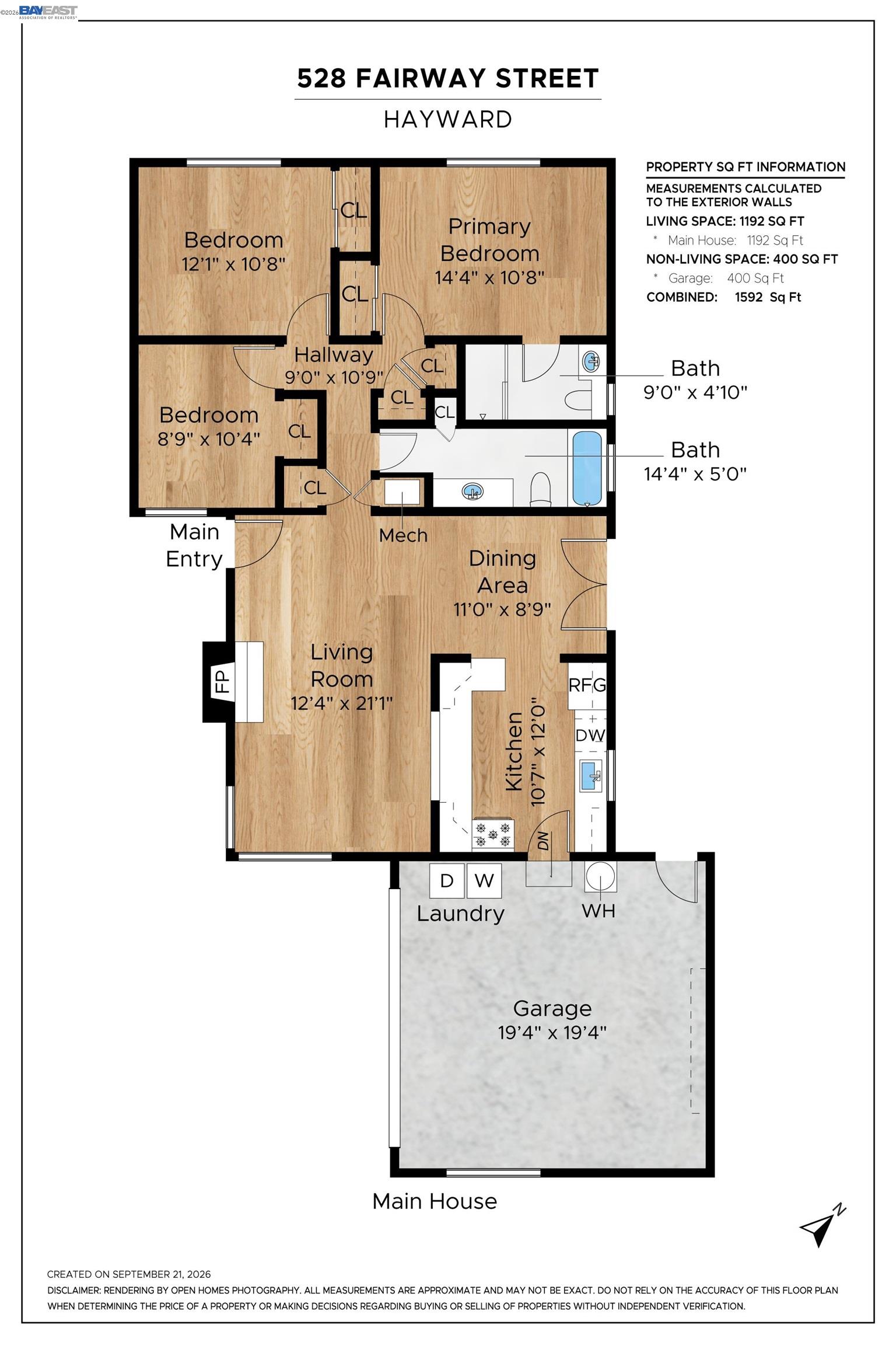 Floor plan of 528 Fairway Street showing three bedrooms, two bathrooms, living areas, kitchen, laundry, and garage.