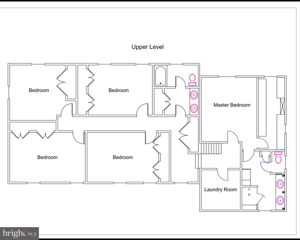 Upper-level floor plan with four bedrooms, a master bedroom, bathrooms, and a laundry room.
