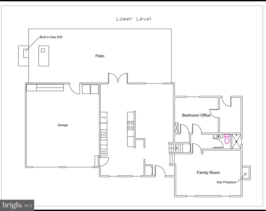 Lower-level floor plan with patio, garage, kitchen, bedroom or office, and family room.