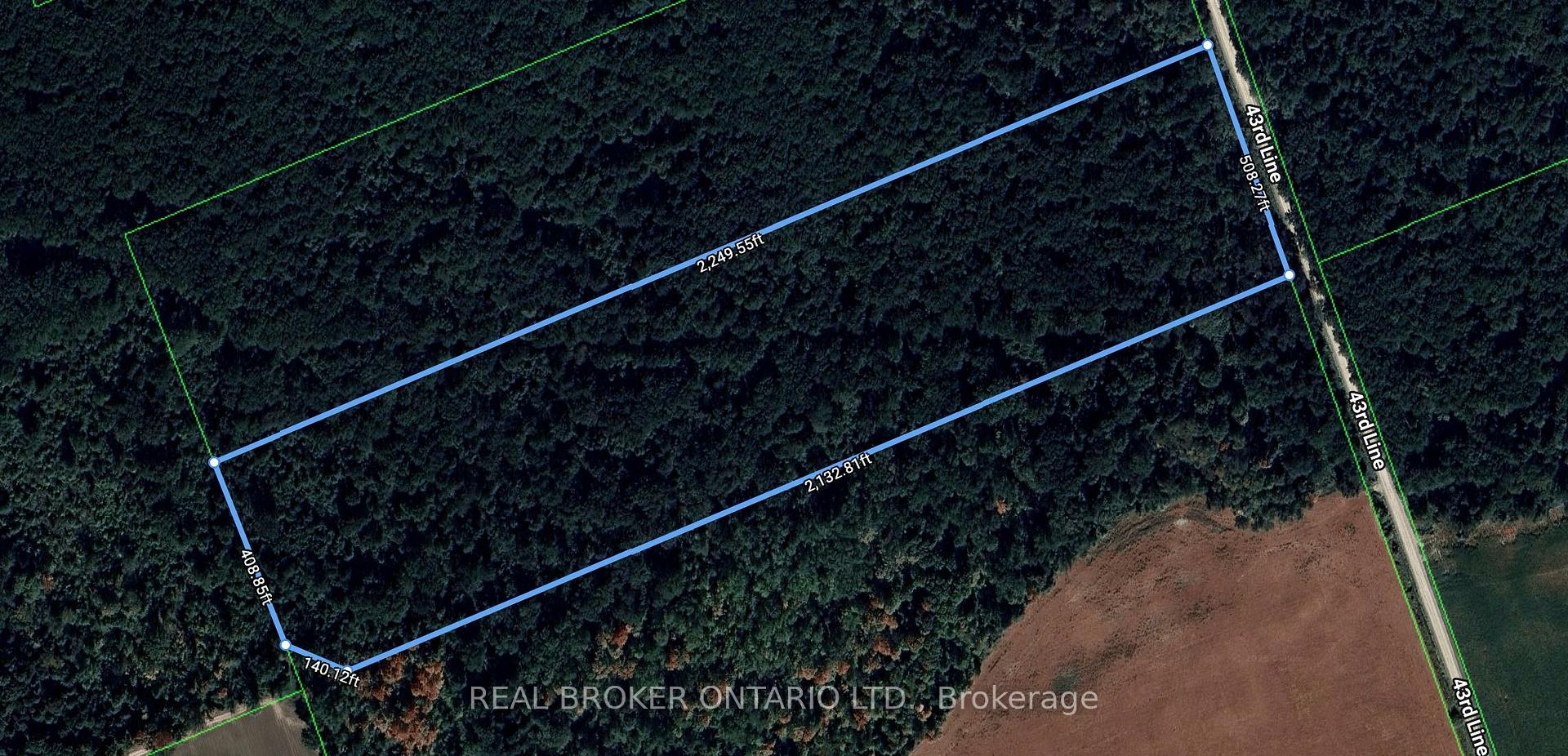 Aerial view of a wooded parcel outlined beside 43rd Line, with boundary measurements marked.