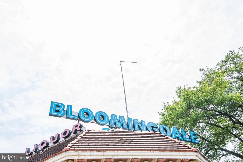 Bloomingdale Liquor storefront sign above a tiled roof.
