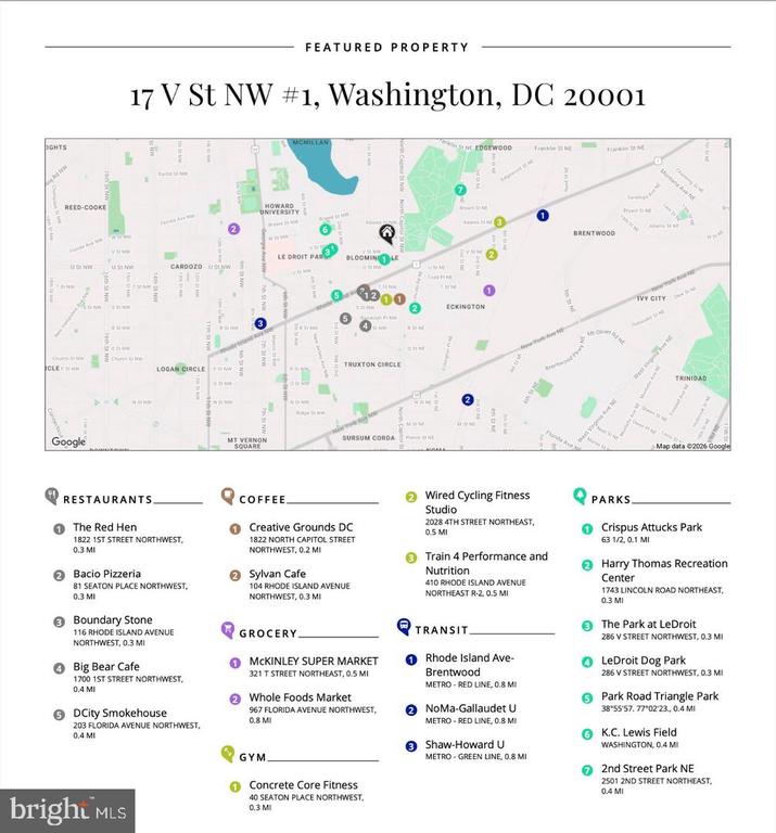 Map of 17 V St NW #1 with nearby restaurants, shops, parks, gyms, and transit stations.