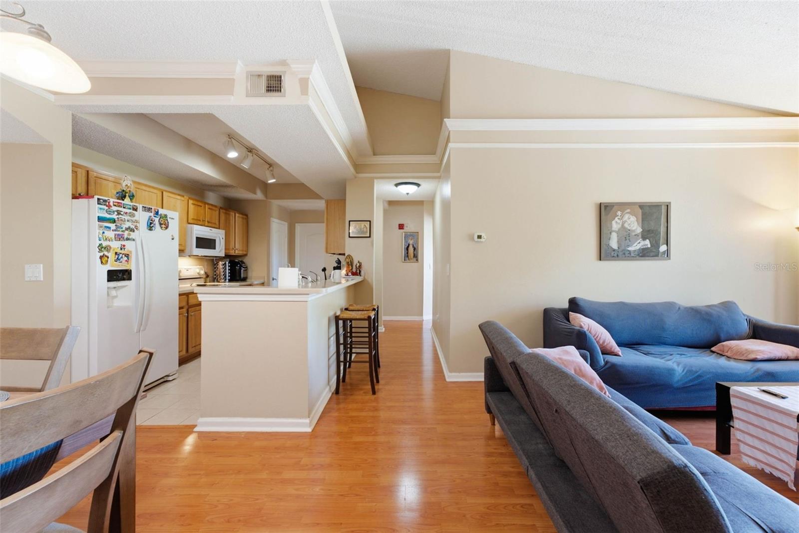 Open-plan kitchen and living room with a breakfast bar, hardwood floors, and a blue sofa.
