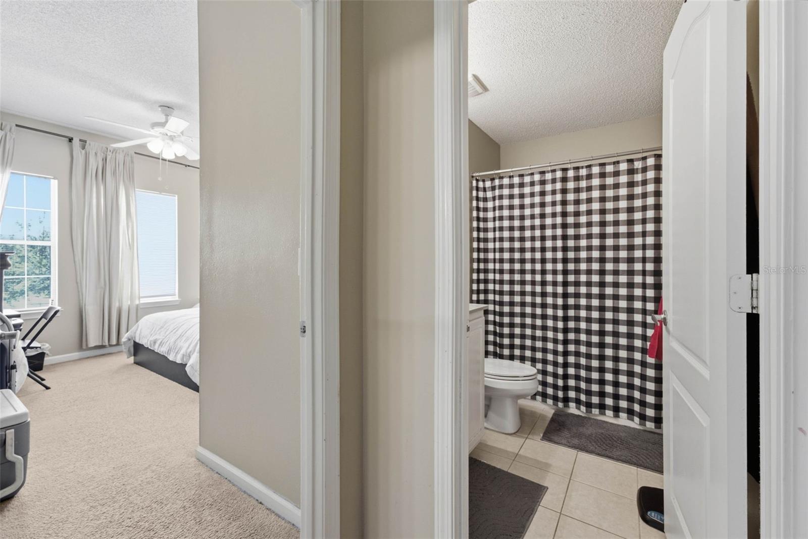 Bedroom and bathroom seen through an open doorway, with a checkered shower curtain and bedroom windows.