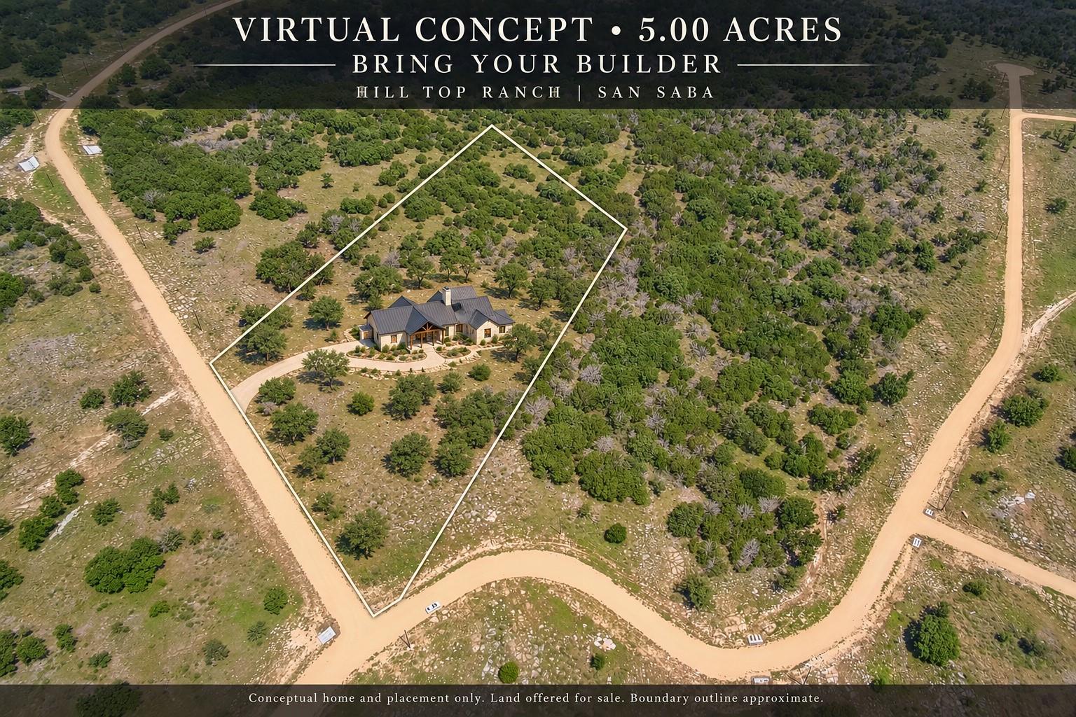 Aerial view of a conceptual home on an outlined five-acre ranch parcel among trees and rocky terrain.