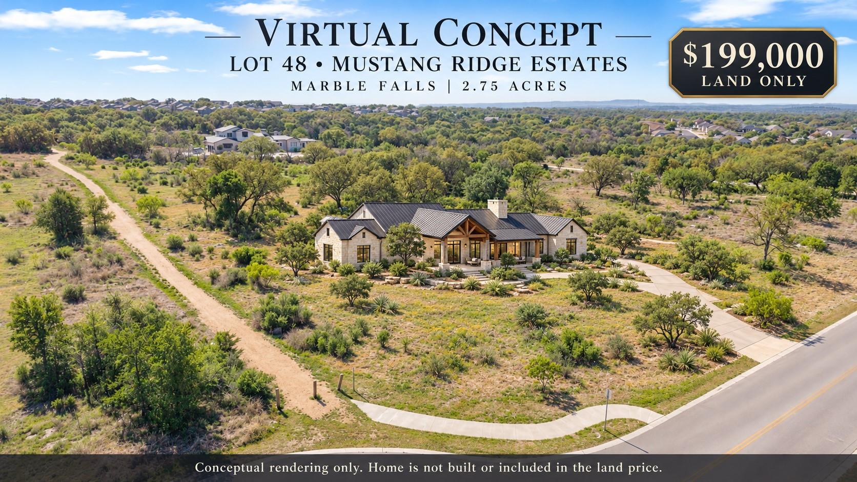 Aerial conceptual rendering of a stone home on a 2.75-acre lot in Mustang Ridge Estates.