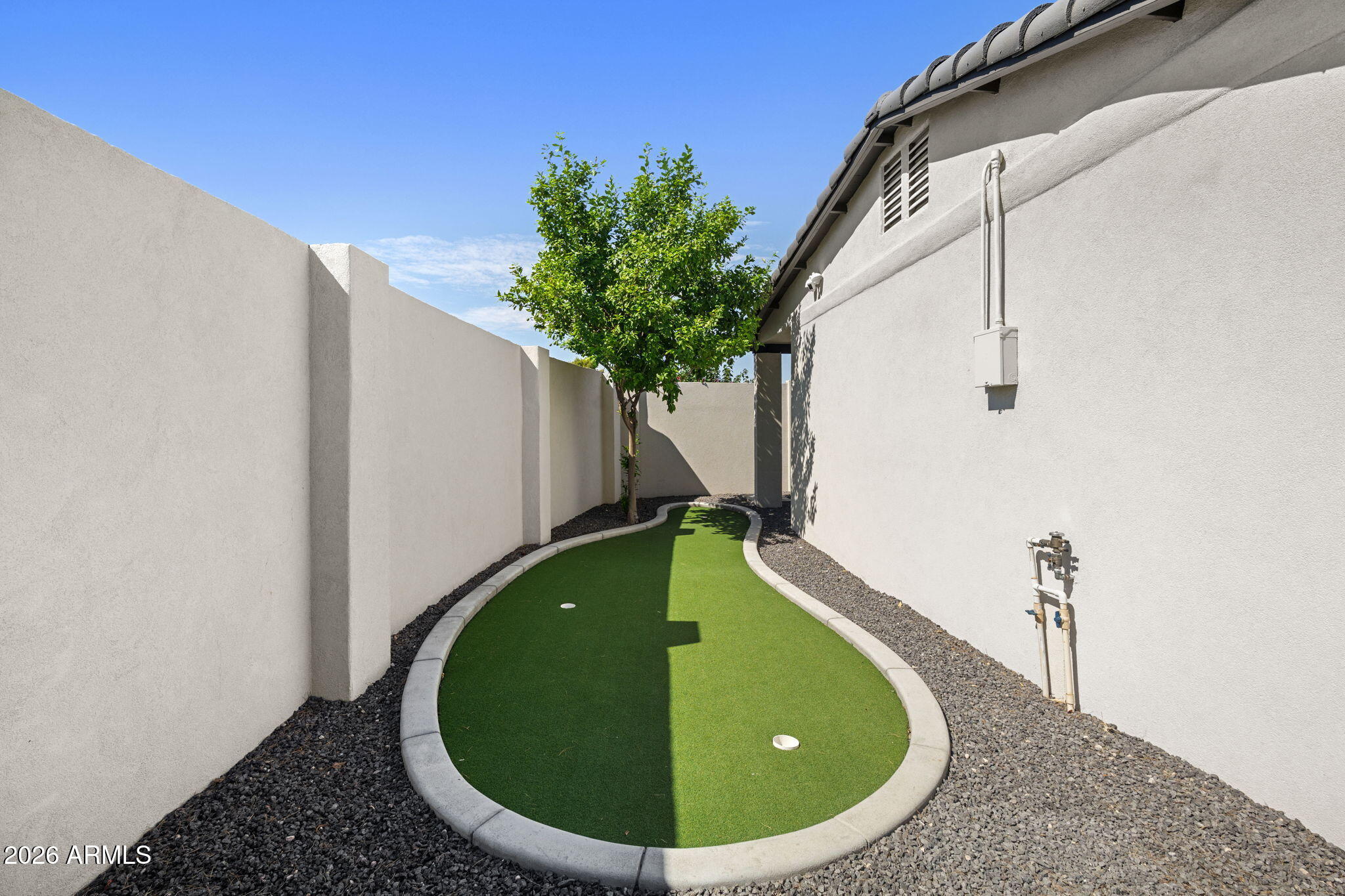 Side yard putting green with two cups, curved edging, gravel borders, and a leafy tree.