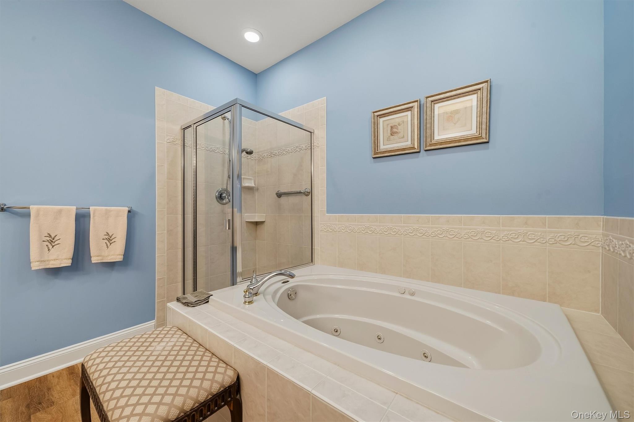 Bathroom with a large built-in jetted tub, glass shower, and blue walls.