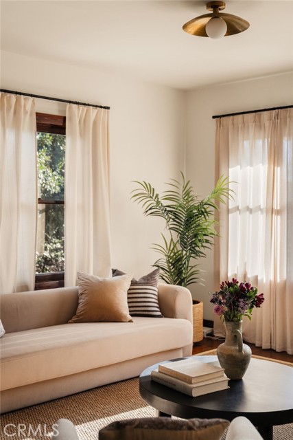 Living room with a beige sofa, tall curtained windows, a potted palm, and a round coffee table.